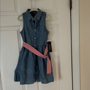 Ralph Lauren Blue Denim Dress with Pink Stripe Belt 5T 100% cotton